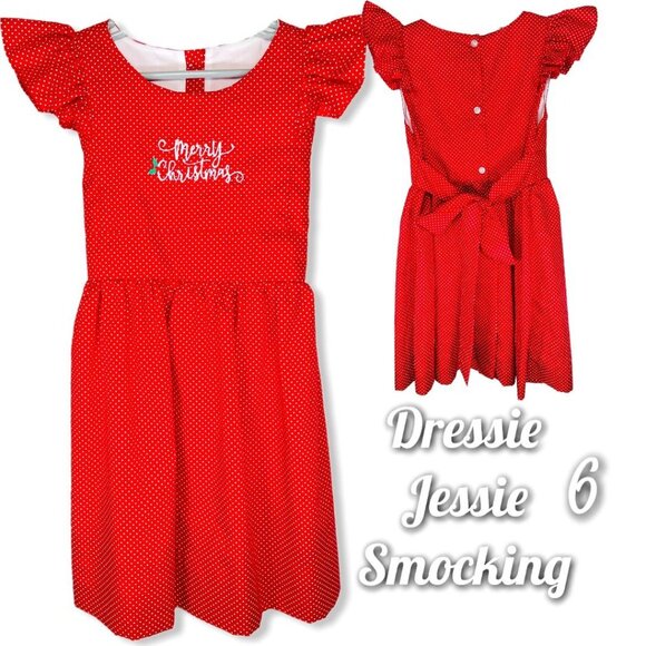 Girls Red Polka Dot Winter Christmas Holiday Embroidered Ruffle Sleeve Dress 6 - Picture 1 of 7